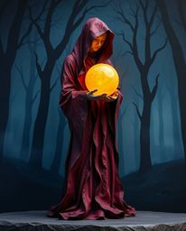 This rich burgundy and deep blue layered papier-mâché sculpture depicts a cloaked figure standing in a misty forest, holding 
