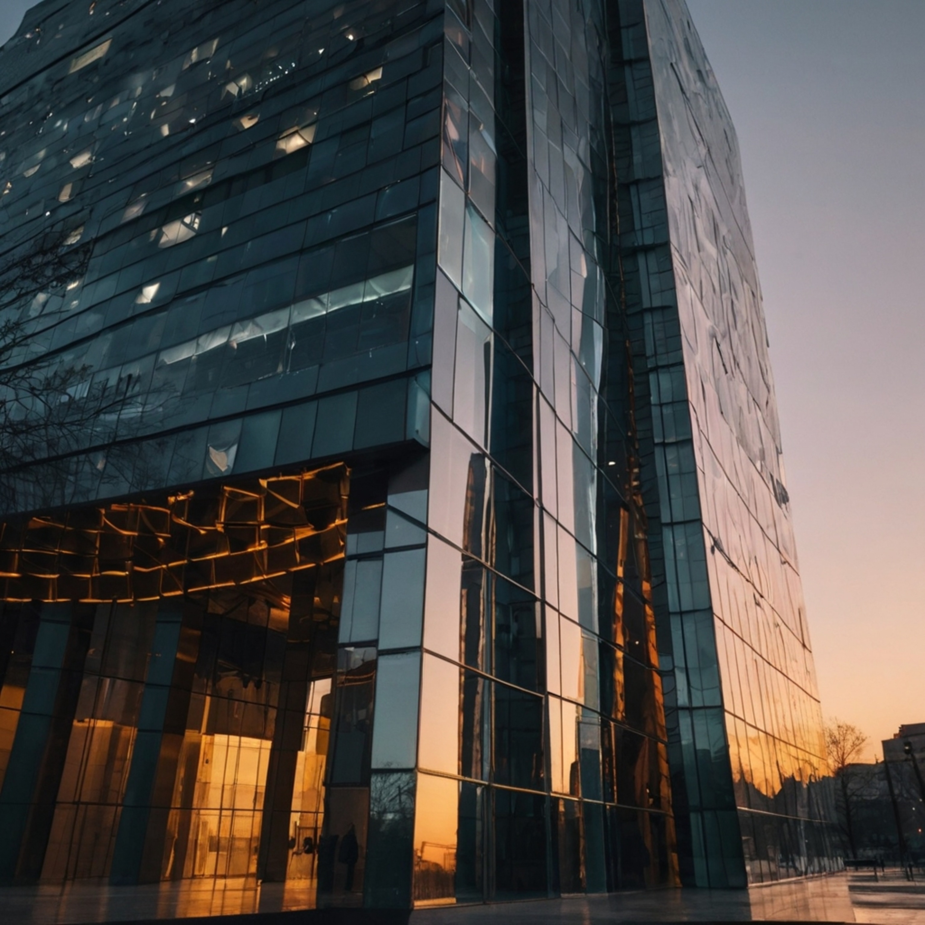 This modern glass building features a unique angular design that beautifully reflects the vibrant colors of the sunset over a