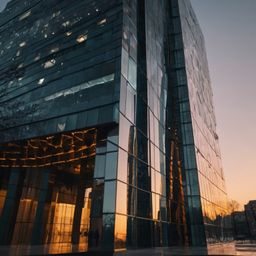 This modern glass building features a unique angular design that beautifully reflects the vibrant colors of the sunset over a