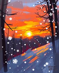 This epic digital sketch captures the breathtaking scene of snowflakes falling during a vibrant sunset. Rendered in a dynamic