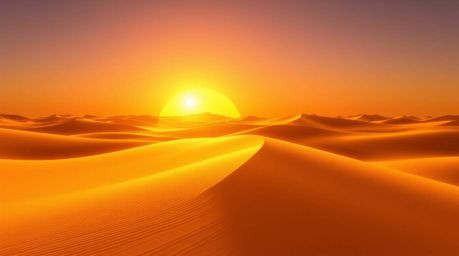 A stunning piece of digital art showcasing a vibrant desert sunset over golden dunes.  The image features a smooth color grad