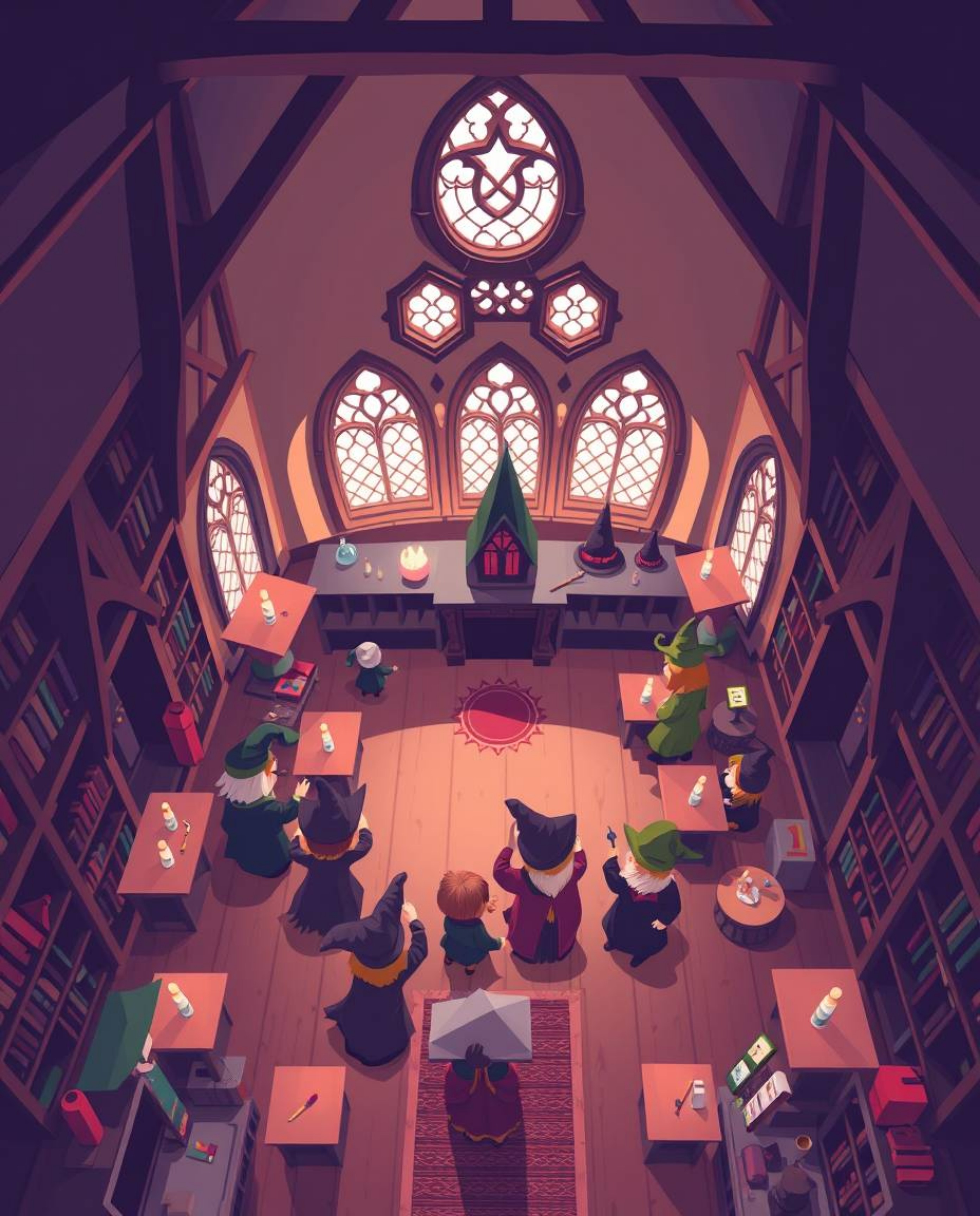 A captivating high-angle, modern flat design illustration depicts a magical school teeming with young wizards, rendered using