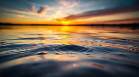 A captivating close-up showcases a tranquil lake mirroring the vibrant hues of a sunset sky.  The image boasts detailed water