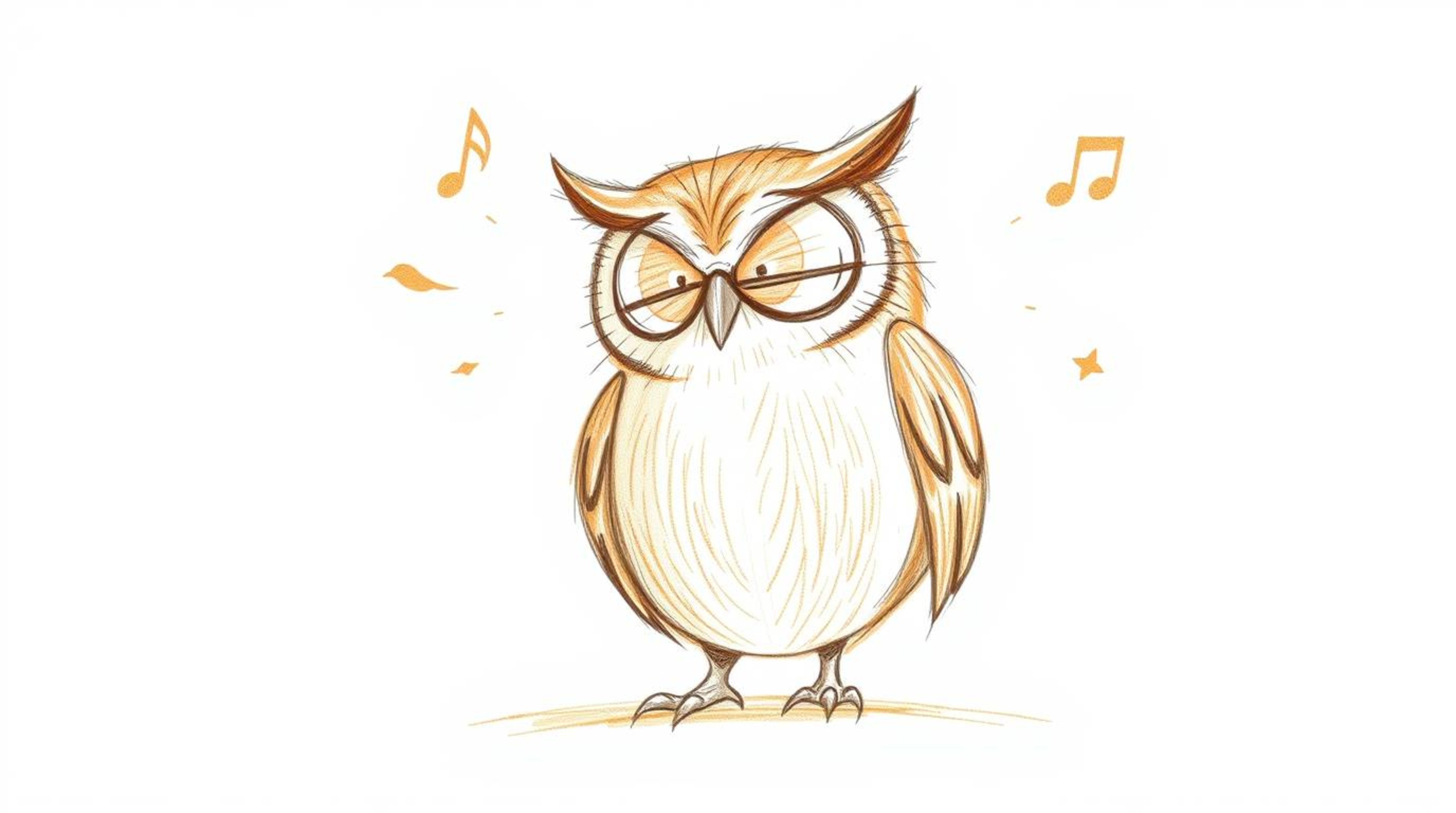 A charming hand-drawn sketch depicts a wise, blind owl with warm brown tones imparting his knowledge to a group of birds. Ren