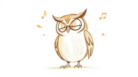 A charming hand-drawn sketch depicts a wise, blind owl with warm brown tones imparting his knowledge to a group of birds. Ren