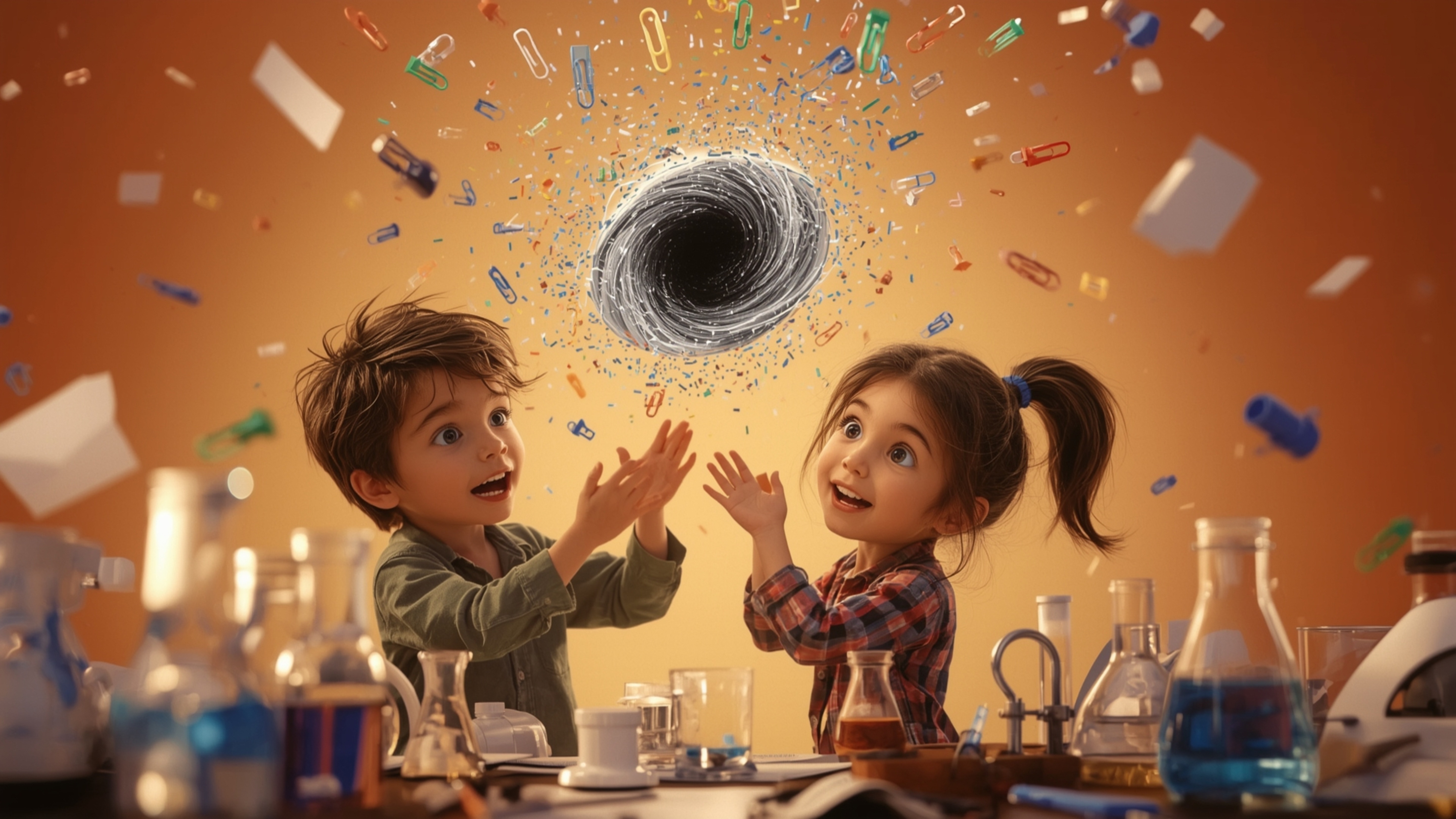 In a vibrant, cinematic photograph rendered in a hyper-realistic, Pixar-inspired style, a dynamic science fair duo unwittingl