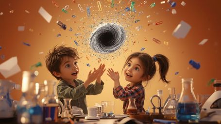 In a vibrant, cinematic photograph rendered in a hyper-realistic, Pixar-inspired style, a dynamic science fair duo unwittingl