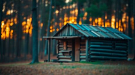 Immerse yourself in the serene beauty of an old wooden cabin sharply focused against a softly blurred sunset woods background