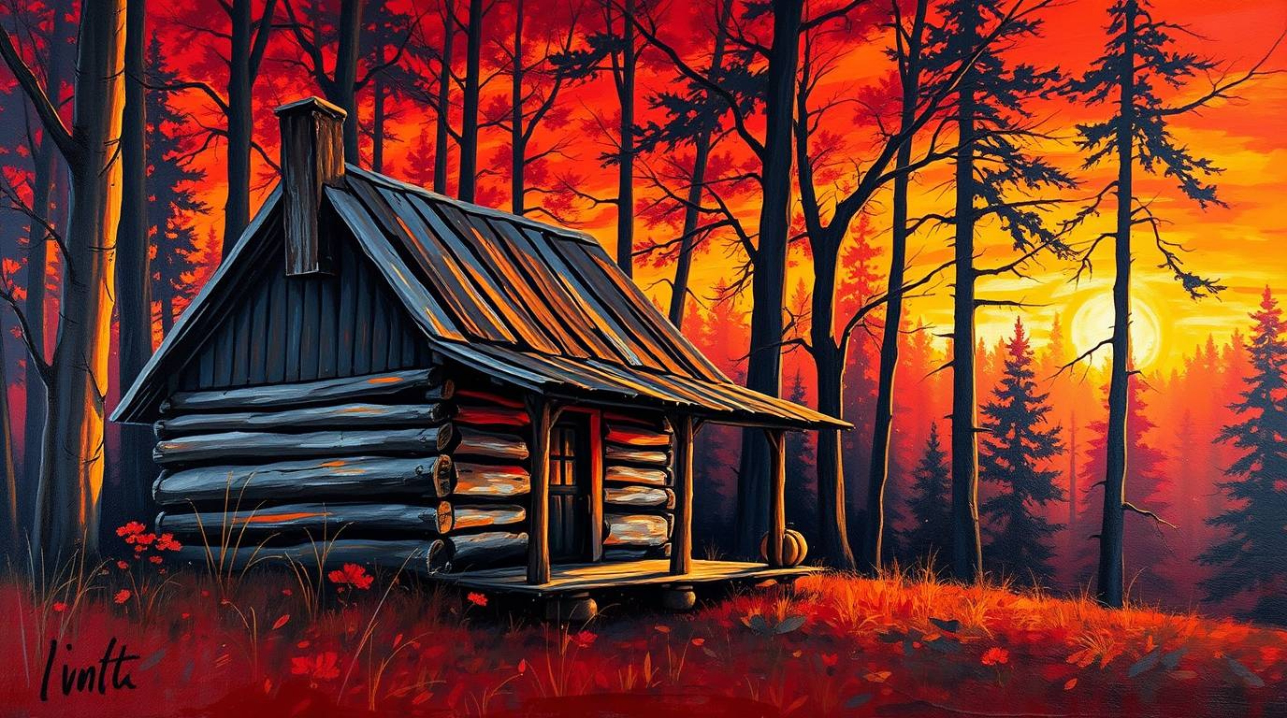 This vibrant acrylic painting captures the serene beauty of an old wooden cabin nestled in a sunset-lit woods. The rich reds,