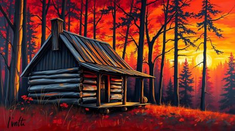 This vibrant acrylic painting captures the serene beauty of an old wooden cabin nestled in a sunset-lit woods. The rich reds,