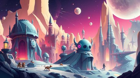 Explore a futuristic sci-fi illustration of a fantastical kingdom teeming with quirky magical creatures and advanced technolo