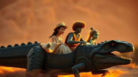 A whimsical illustration depicts a prehistoric family with warm terracotta and cool teal skin tones enjoying a ride in a dino