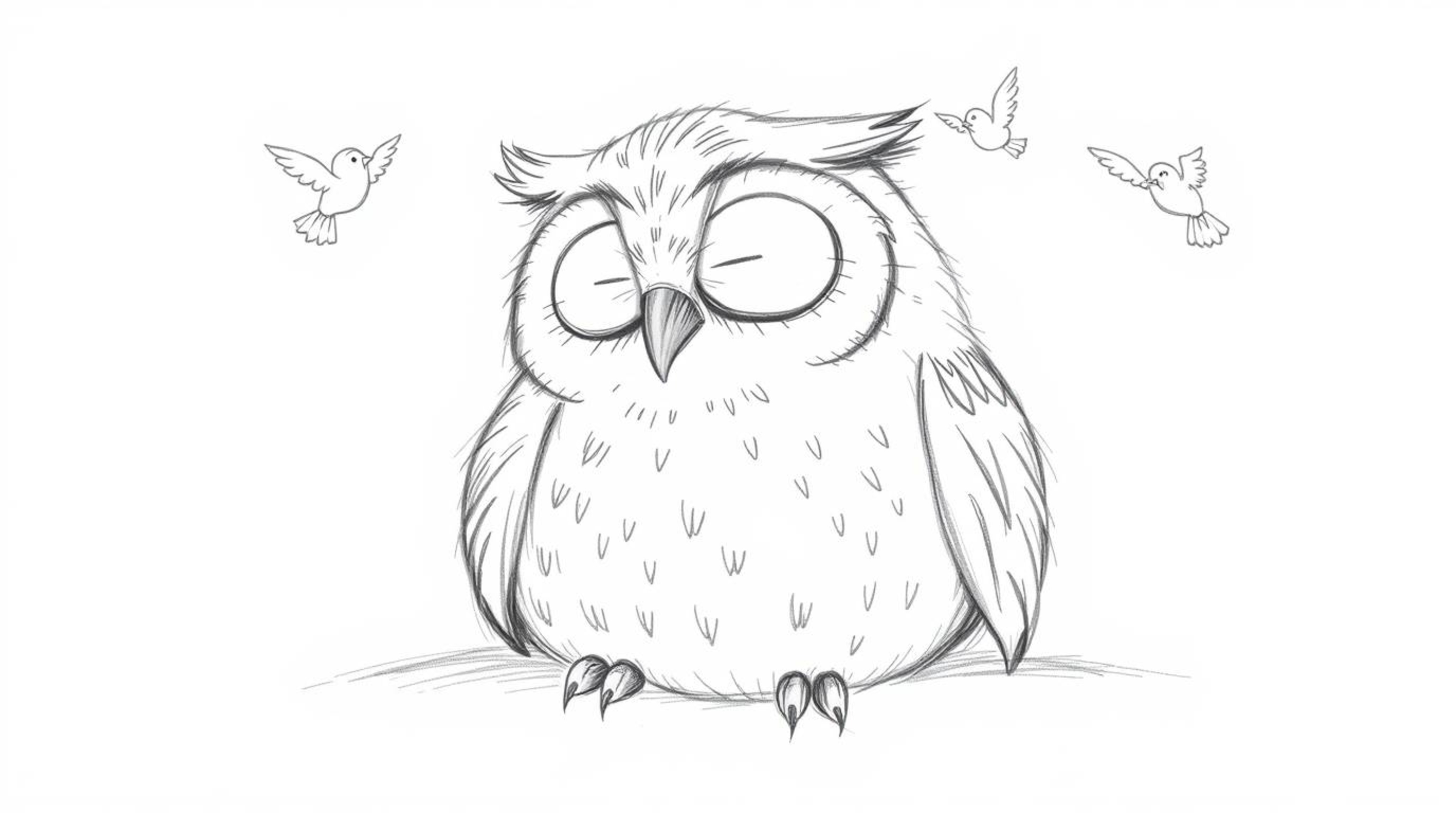 A heartwarming, hand-drawn sketch reminiscent of Pixar animation, depicts a wise, blind owl with soft, feathery textures rest