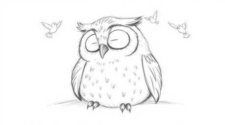 A heartwarming, hand-drawn sketch reminiscent of Pixar animation, depicts a wise, blind owl with soft, feathery textures rest