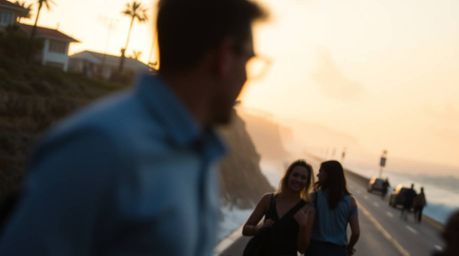 Candid street photography captures the beauty of a sunset, focusing on soft cinematic haze over waves crashing on cliffs. The