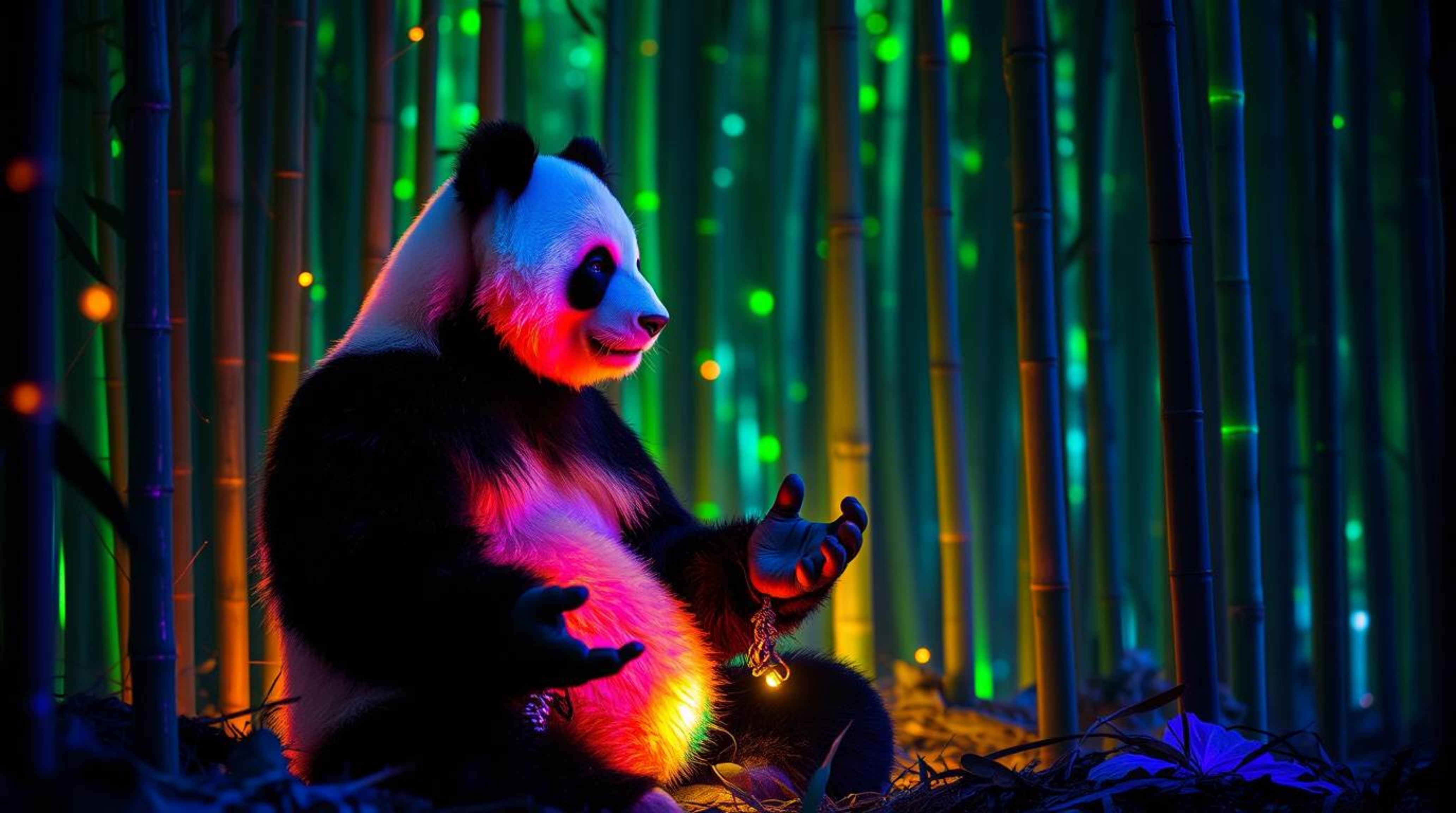 A serene scene of a martial artist panda deep in meditation within a lush bamboo forest, bathed in the ethereal glow of biolu