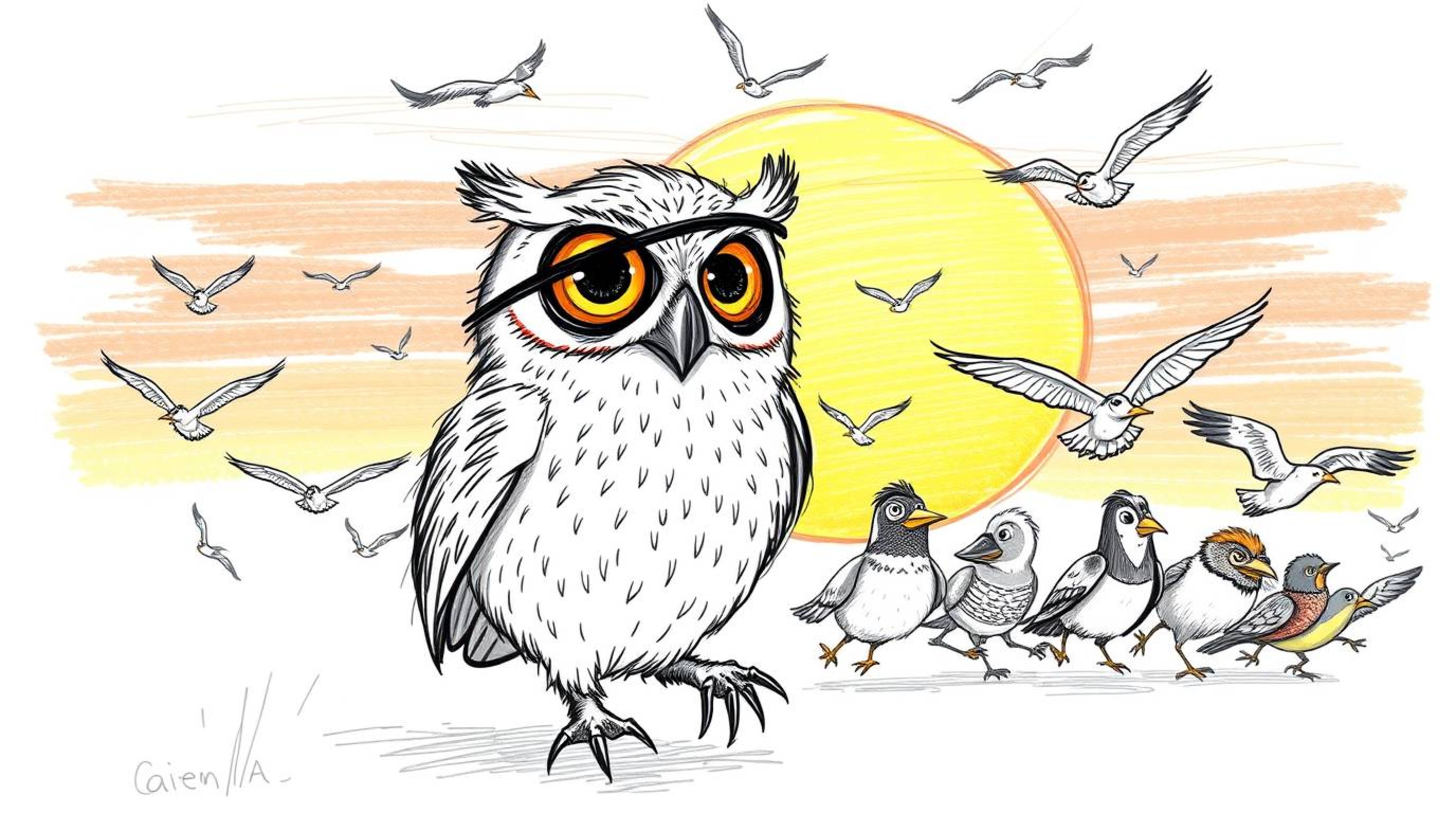 A heartwarming hand-drawn sketch in the style of Pixar depicts a blind owl, with soft, feathery texture and expressive eyes, 