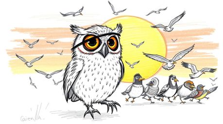 A heartwarming hand-drawn sketch in the style of Pixar depicts a blind owl, with soft, feathery texture and expressive eyes, 