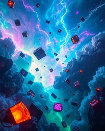 Experience a vibrant surreal storm where gravity is defied, and everyday objects take flight amidst a mesmerizing display of 