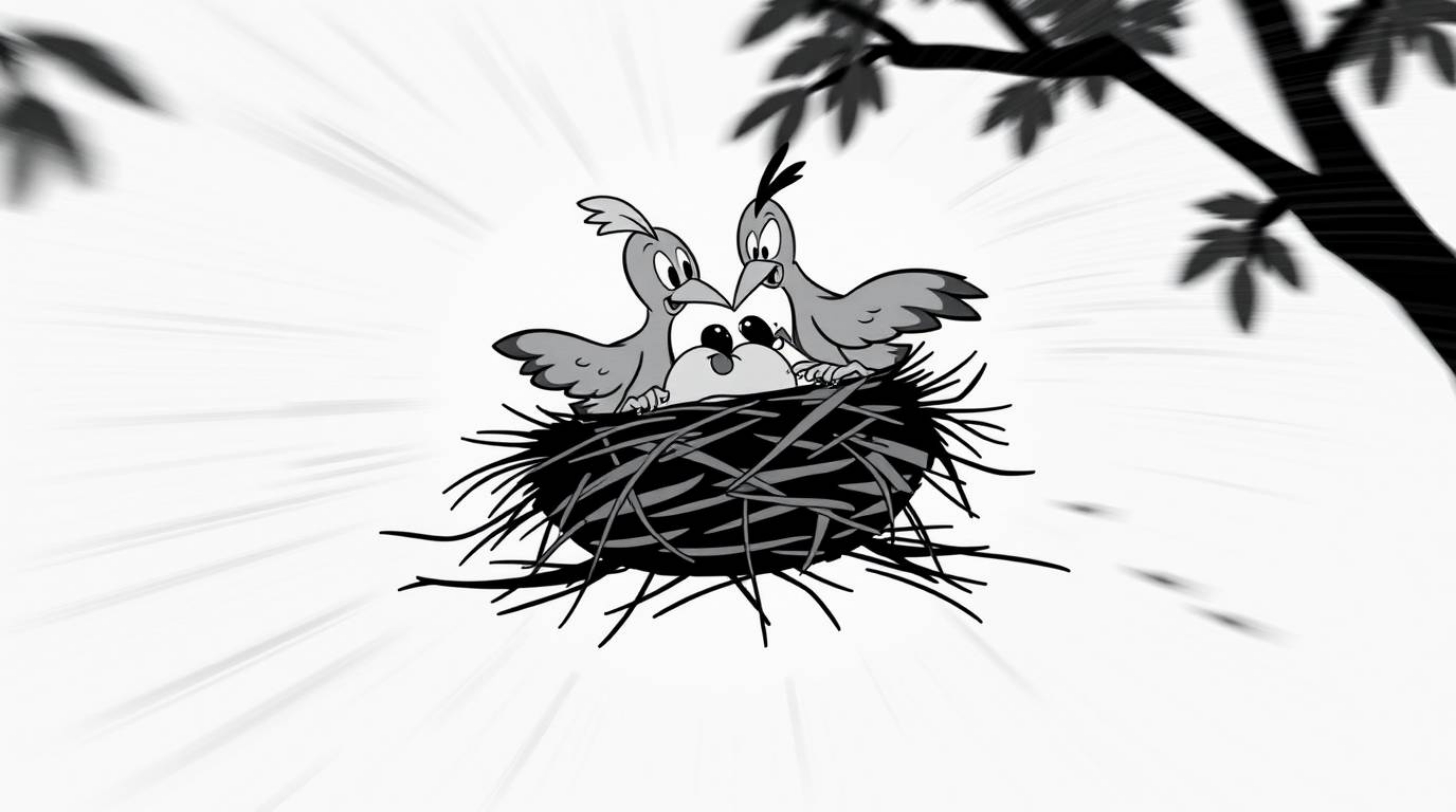 A dynamic black and white image showcases two cartoon birds diligently building a nest in a classic animation style. The scen