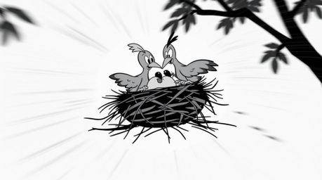 A dynamic black and white image showcases two cartoon birds diligently building a nest in a classic animation style. The scen