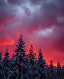 A photograph captures a warm, intense, and dramatic weather scene, featuring sunset light sparkling on snowy pine trees. The 