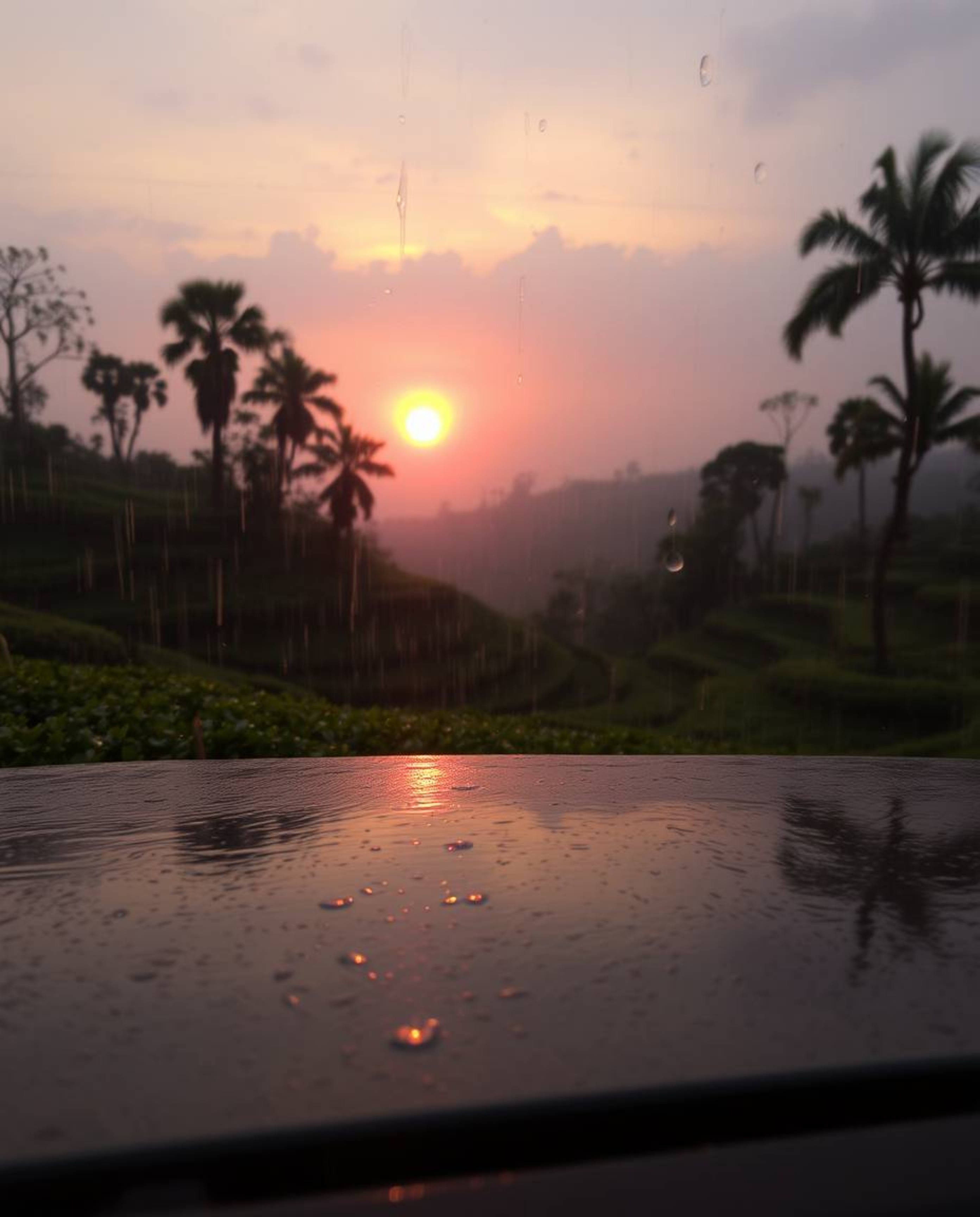 A soft dreamy atmosphere captures a wet rainy scene of a sunset over terraced tea plantations. The drizzling rain creates ref