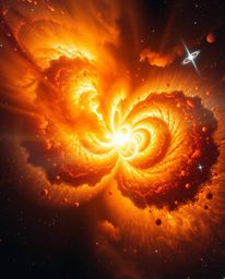 Experience the breathtaking spectacle of colliding galaxies in a cosmic explosion.  Intense dramatic lighting and a warm gold