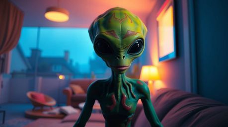 A captivating cinematic image showcases an alien residing in a vibrant suburban house.  The soft-focus, hazy background and b