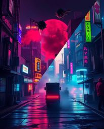 Experience a visual journey into a futuristic cityscape bathed in intense, dramatic lighting. This image boasts a distinct sp