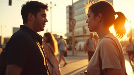 A captivating street photography image bathed in the warm glow of golden hour.  This spontaneous candid moment, featuring urb