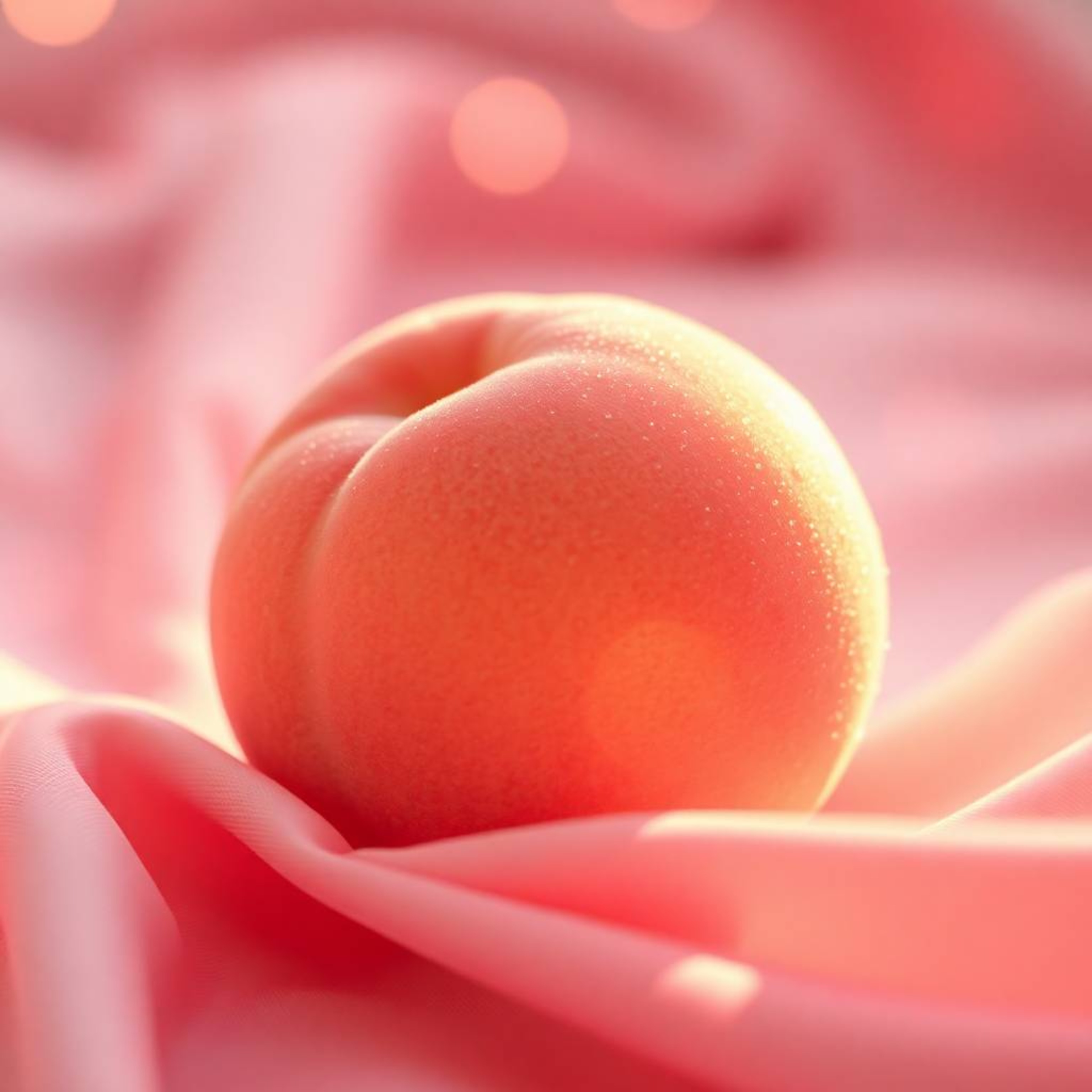 A high-angle close-up ASMR image featuring a soft, blushing pink peach bathed in warm golden hour light. The peach rests on s