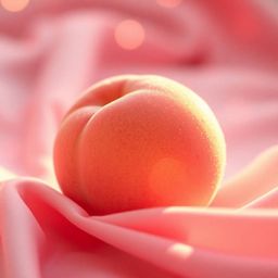 A high-angle close-up ASMR image featuring a soft, blushing pink peach bathed in warm golden hour light. The peach rests on s
