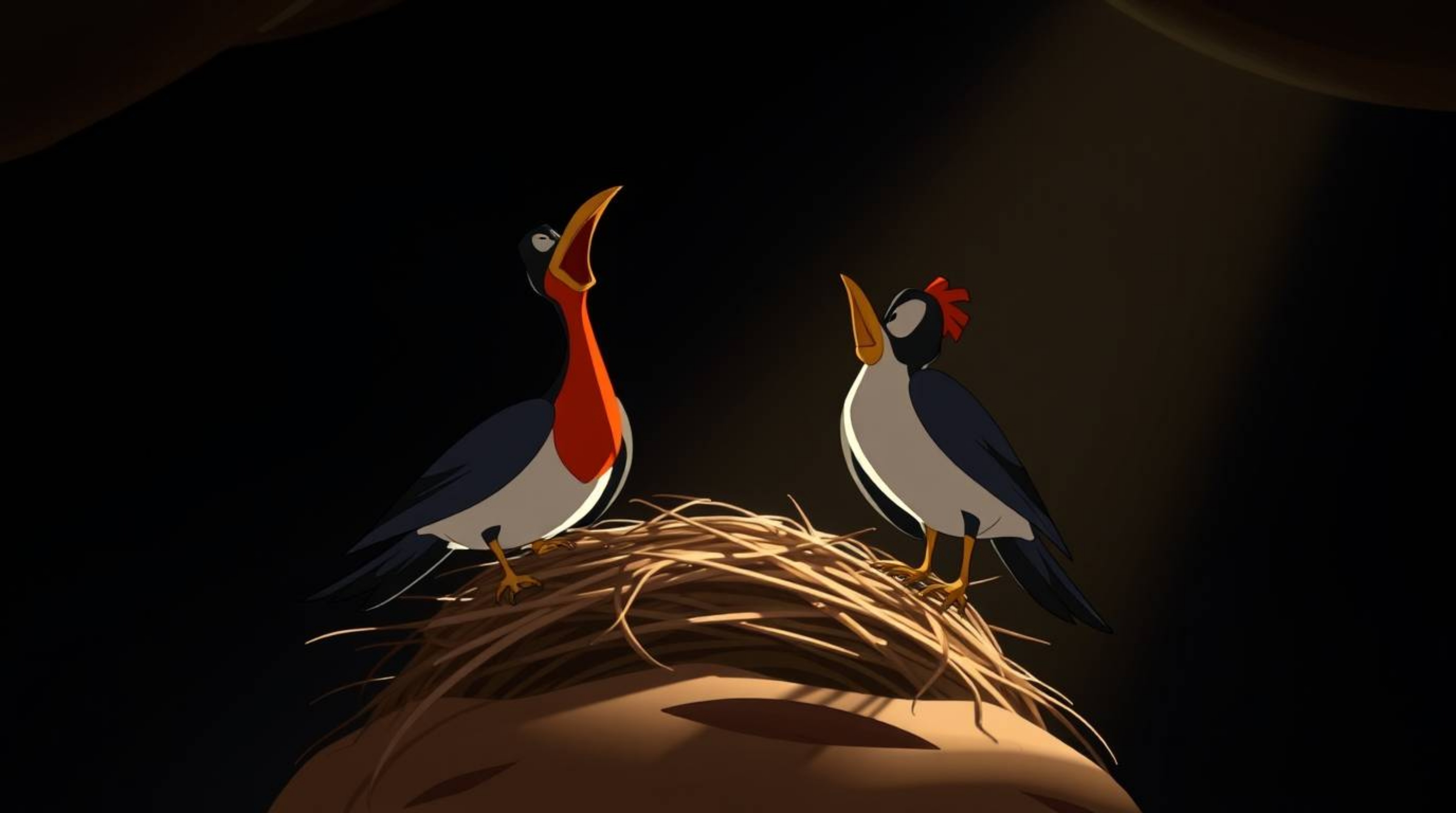 Witness two charming cartoon birds diligently constructing their nest in a classic animation style.  This captivating scene f