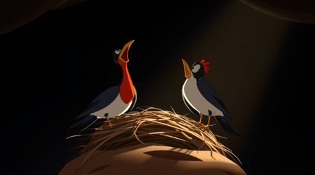 Witness two charming cartoon birds diligently constructing their nest in a classic animation style. This captivating scene f