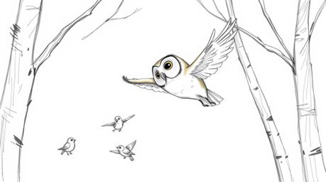 A hand-drawn sketch in the style of Pixar depicts a blind owl with soft, expressive features gliding gracefully between trees