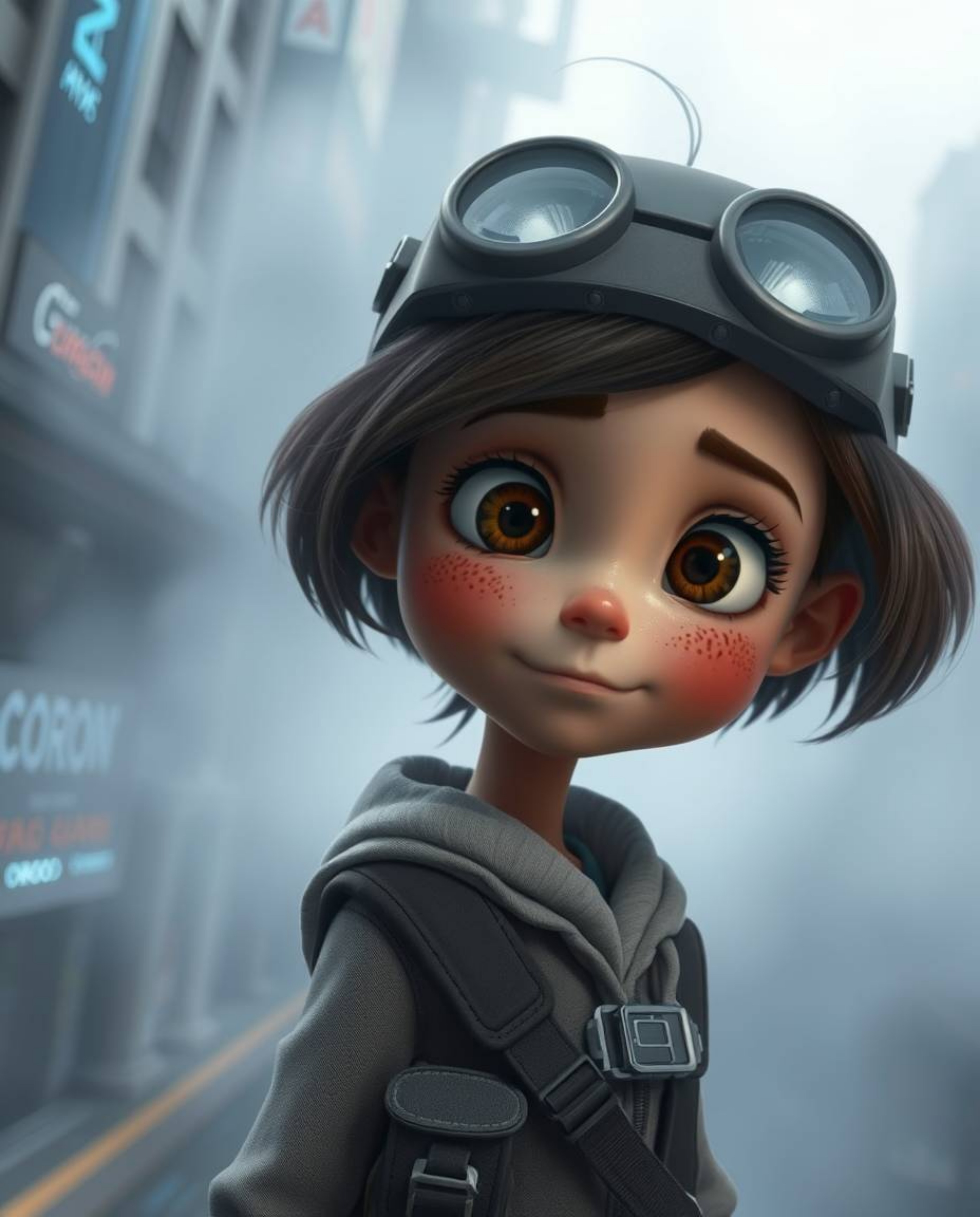 Discover a captivating illustration of a young, curious inventor girl in a futuristic city shrouded in thick fog.  Rendered i