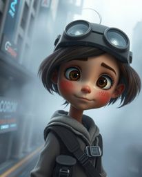 Discover a captivating illustration of a young, curious inventor girl in a futuristic city shrouded in thick fog.  Rendered i