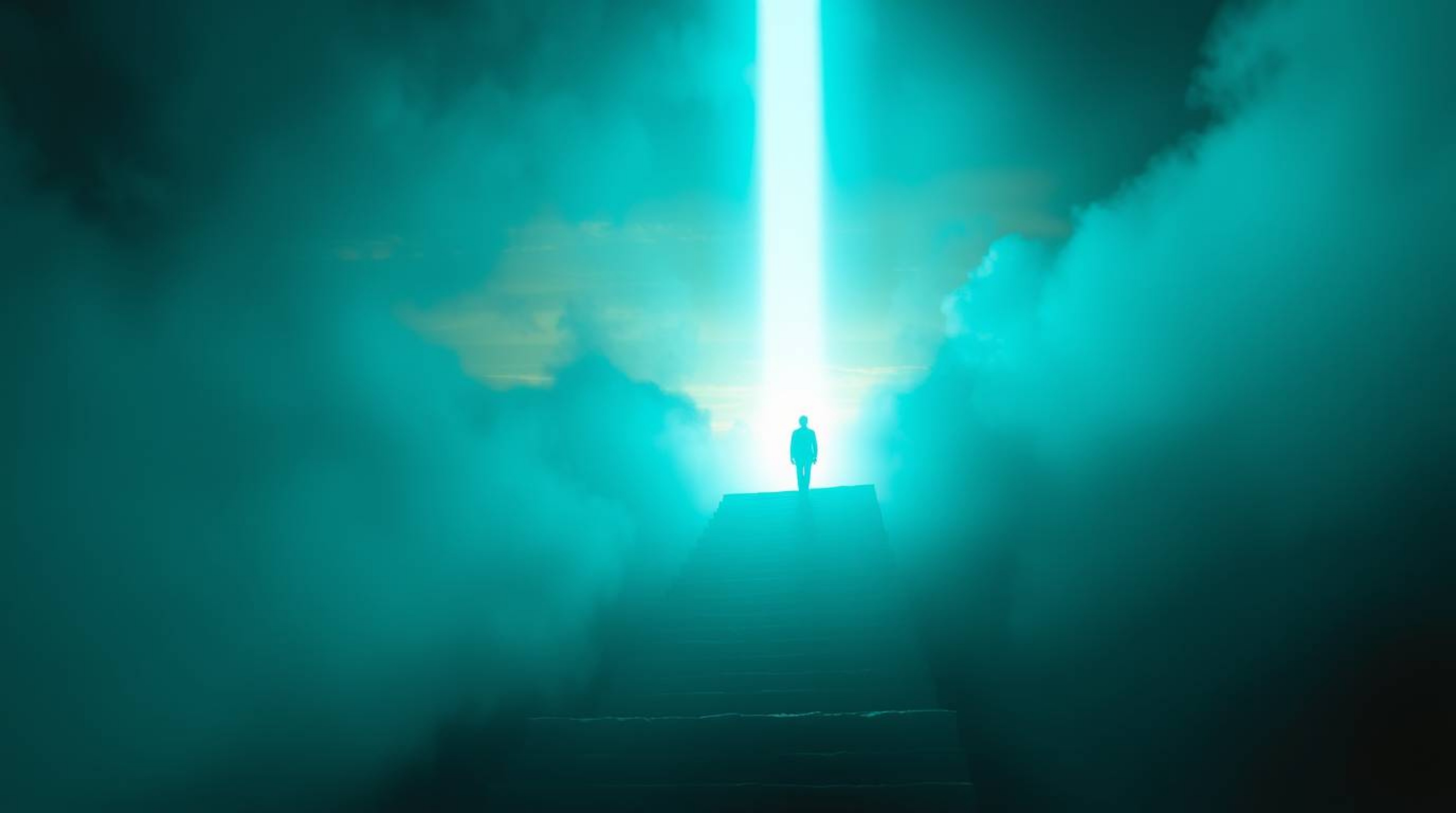 A lone figure ascends a stone staircase towards a divine beam of light, set against a breathtaking sunset sky obscured by thi