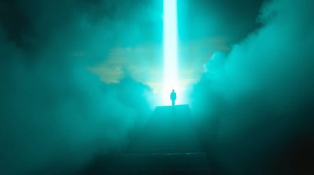 A lone figure ascends a stone staircase towards a divine beam of light, set against a breathtaking sunset sky obscured by thi