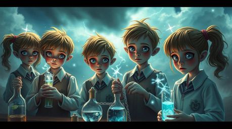 Experience a captivating scene where a group of quirky kids, distinguished by their ethereal features and glowing skin, condu