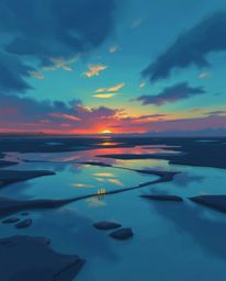 A digital sketch in a fantasy style depicts a sunset sky mirrored in tidal pools on a beach. The artwork utilizes a cool colo