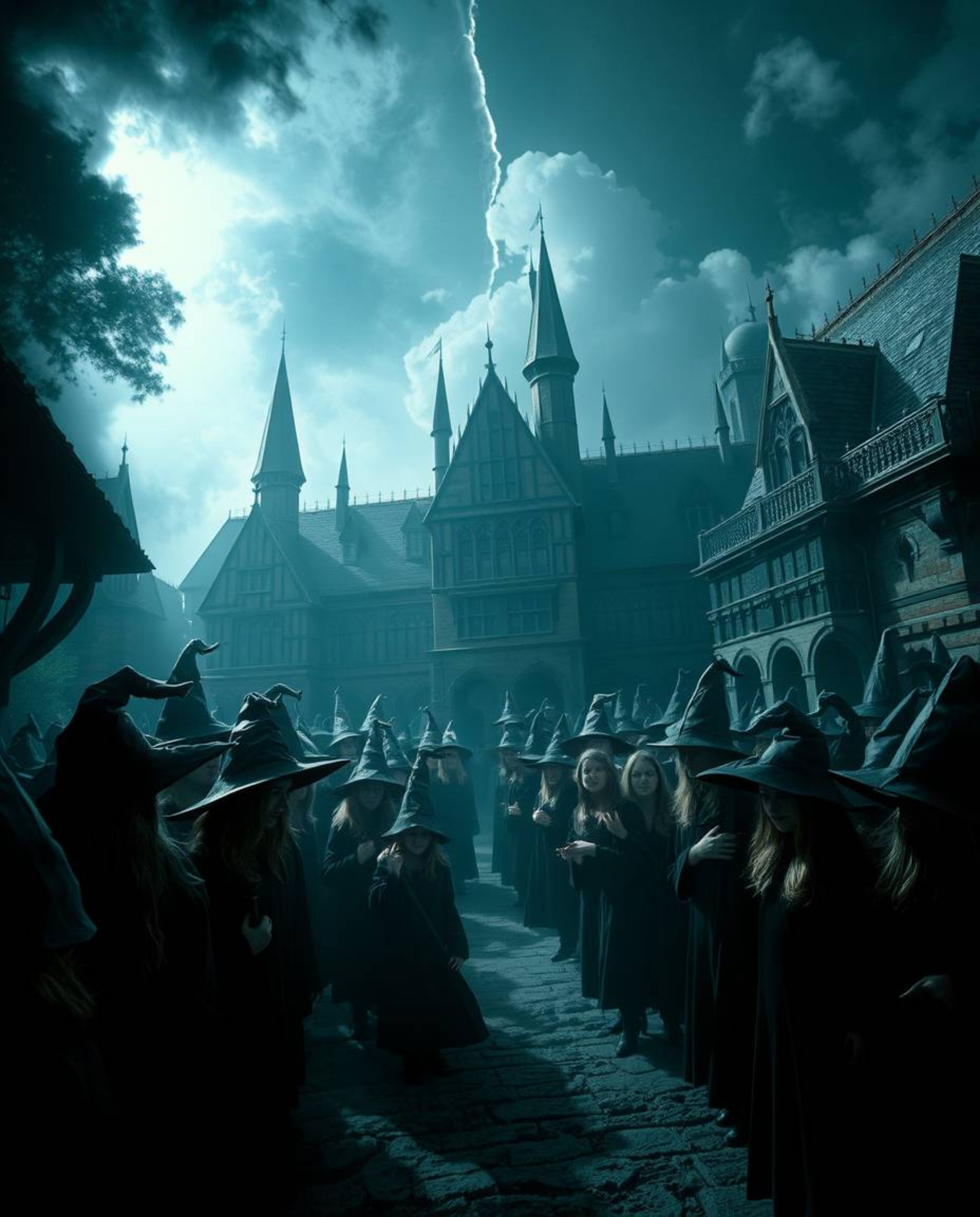 Explore a magical school teeming with young wizards, captured in a distinct visual style.  The scene is rendered with strong,