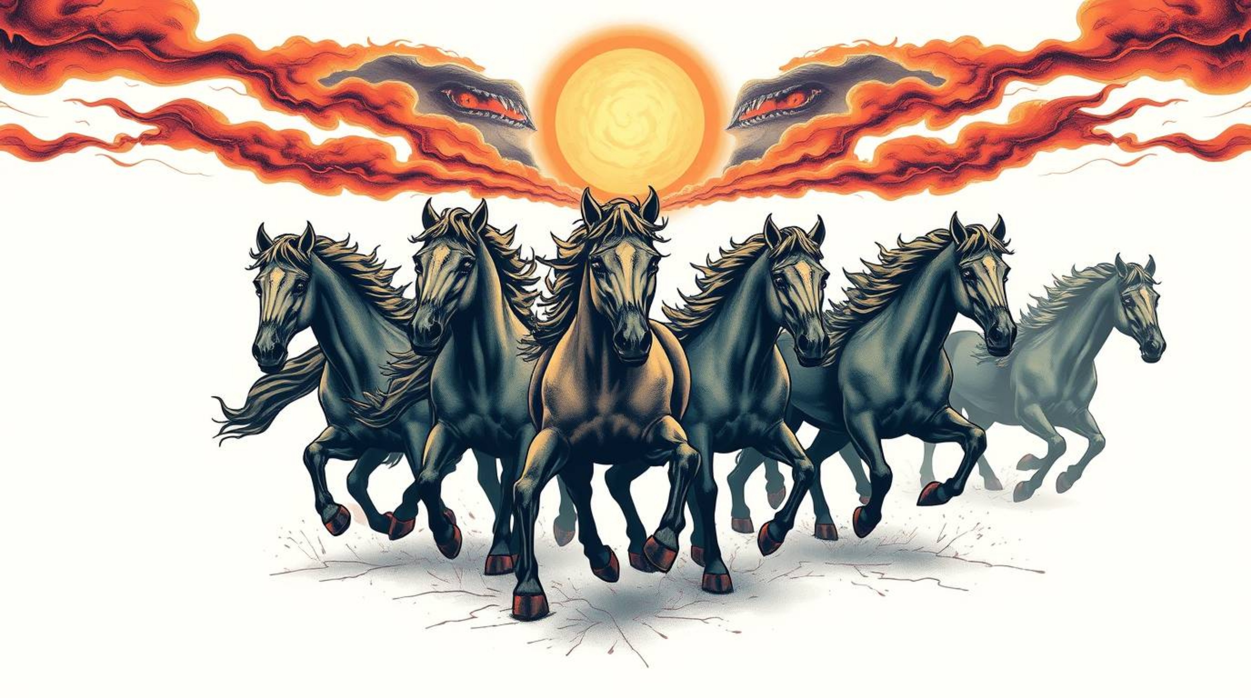 This striking tattoo art print depicts a herd of wild horses galloping under a vibrant, glowing sky.  The design features a r