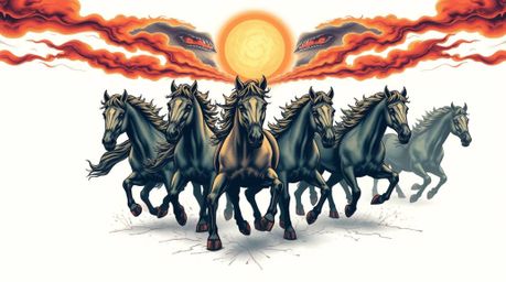 This striking tattoo art print depicts a herd of wild horses galloping under a vibrant, glowing sky.  The design features a r