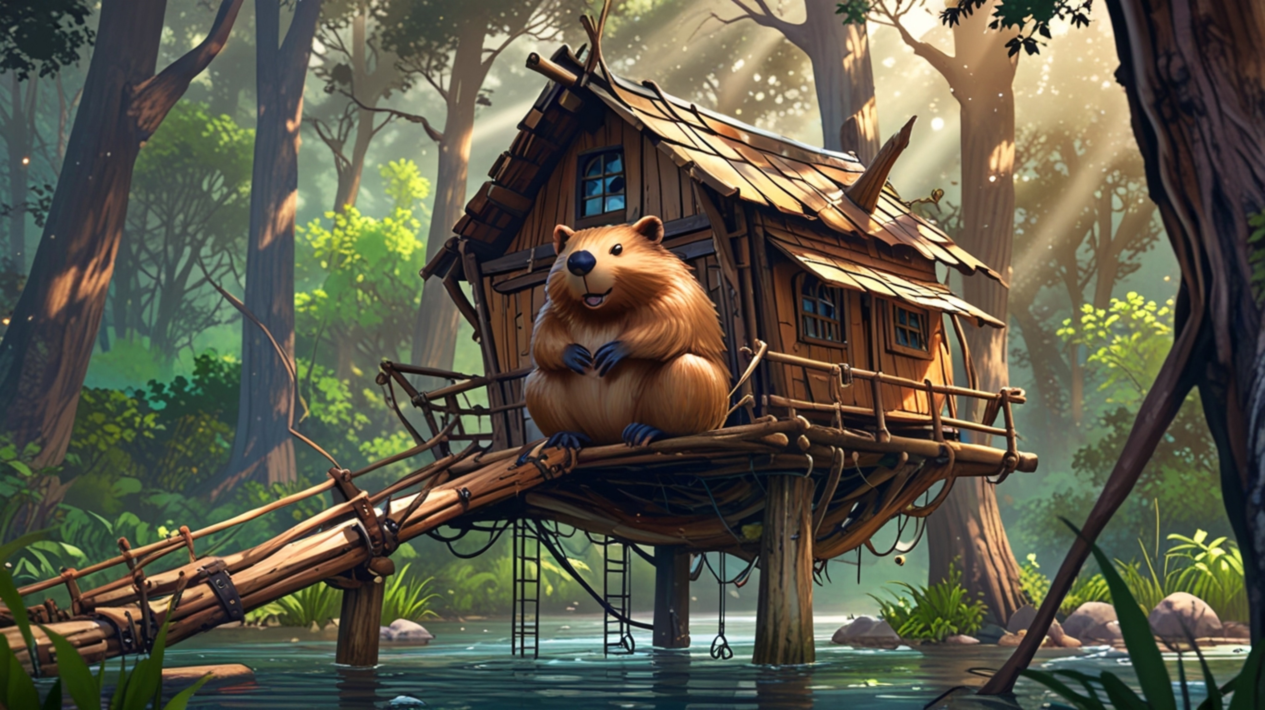 In a heartwarming scene that blends Pixar and anime aesthetics, a beaver stands by the perfect treehouse it built for orphane