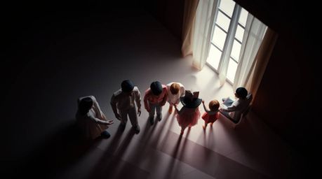 Experience a heartfelt family reunion, rendered in a captivating Pixar style with intricate origami-inspired geometric precis