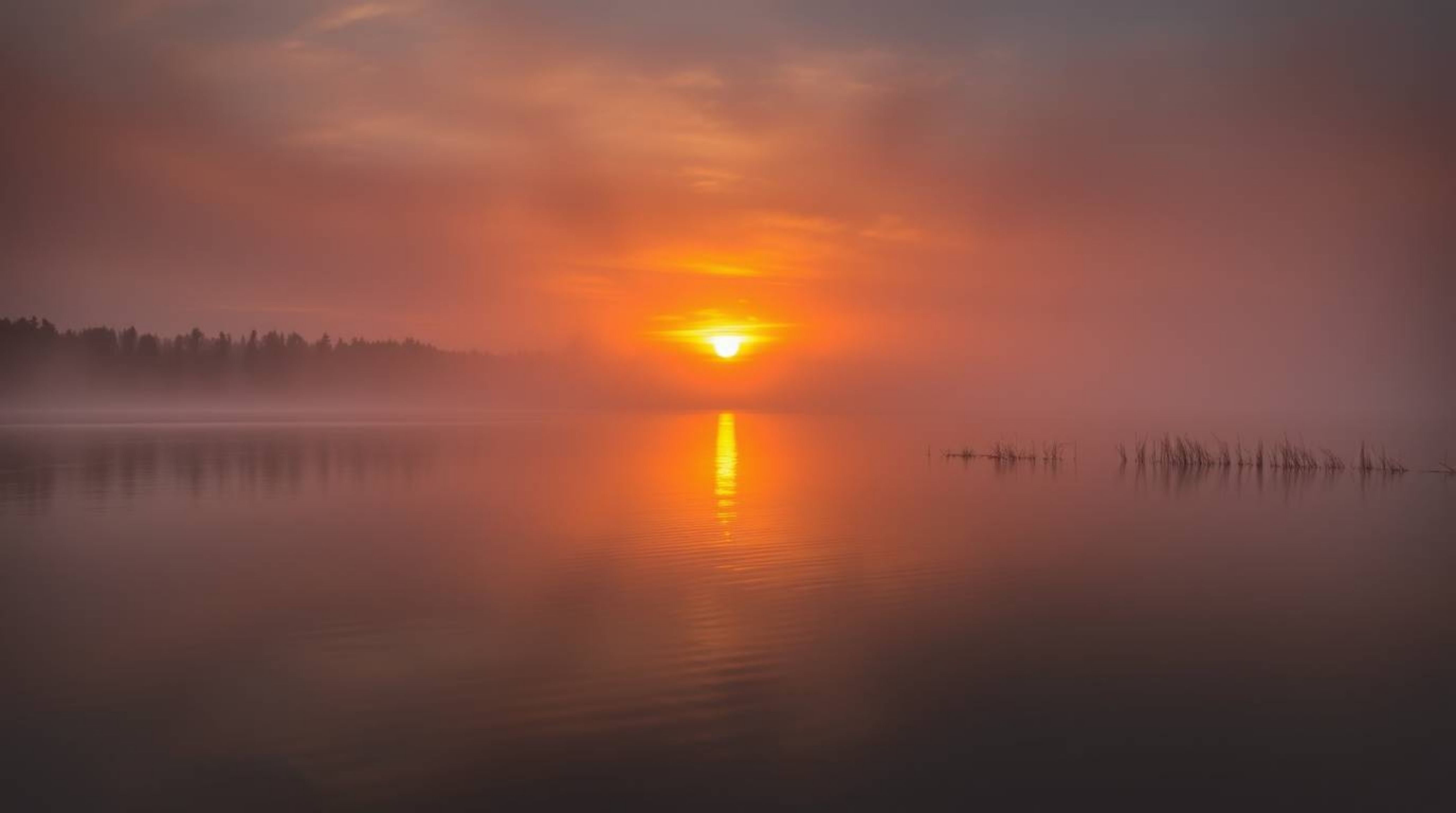 Capture the dreamy atmosphere of a serene lake reflecting a vivid sunset.  Warm autumn colors, soft light, and a hazy effect 
