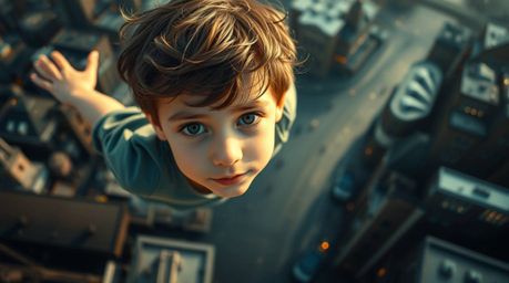 A captivating high-angle view showcases a young boy with fair skin and tousled brown hair soaring above London, propelled by 