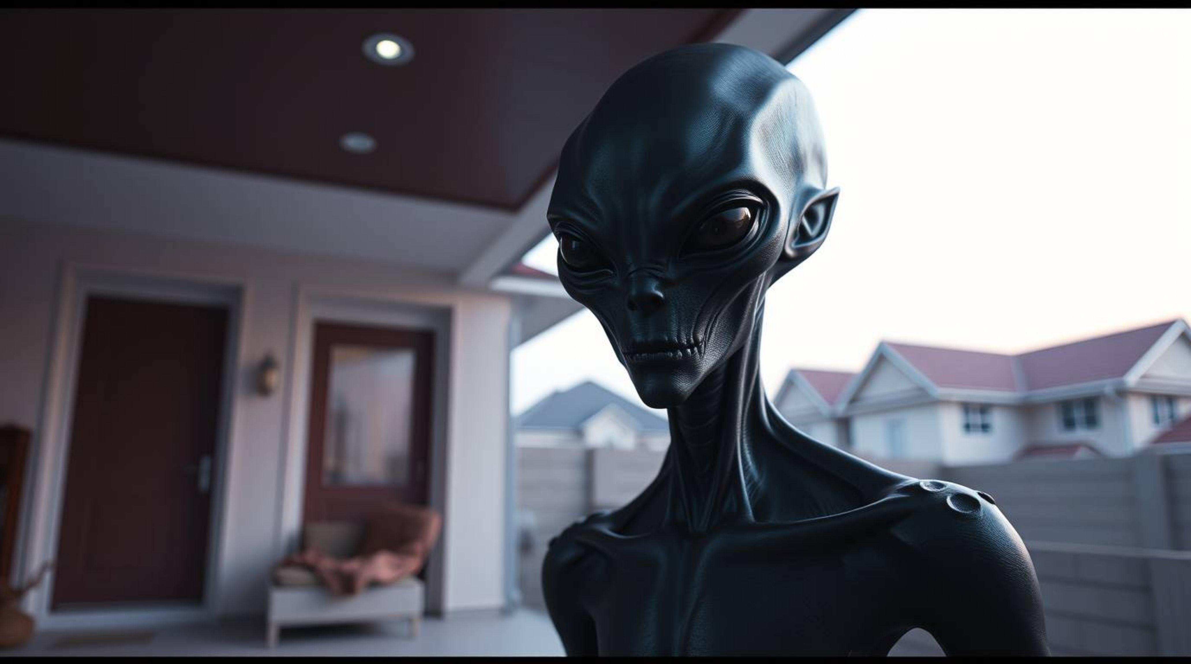 Stunning architectural color photography showcasing a sleek, dark-skinned alien inhabiting a modern suburban home.  The image
